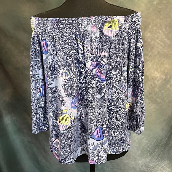 Tori Richard Honolulu Off Shoulder Smocked Top Size Small Tropical Fish Coral - Picture 4 of 6